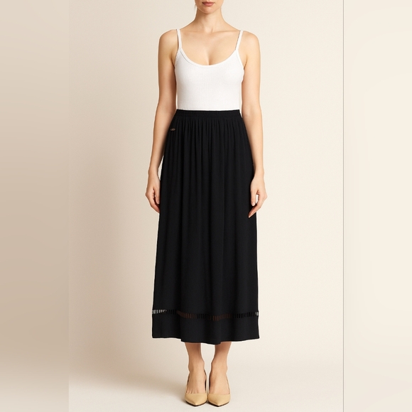 Roots Dresses & Skirts - Roots Canada Black Rayon Maxi Skirt L Quiet Luxury Boho Festival Long Eyelet Hem